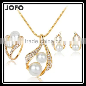 Gold Plated Elegant Fashion Inlaid Crystal Jewelry Sets Imitation Pearl Earrings Necklaces Ring Set For Women Wedding thumbnail-1