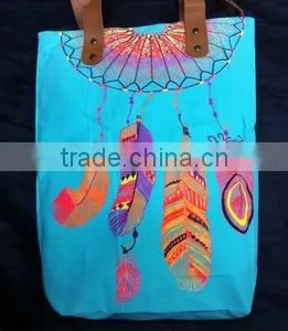 Hmong Indian Tote Neon Sky Blue Canvas Bag Feather Pattern thumbnail-1