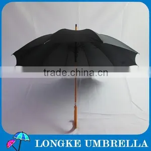 High Quality Fiberglass Ribs Plain Black Color Pongee Fabric Wooden Umbrella for Advertising thumbnail-1