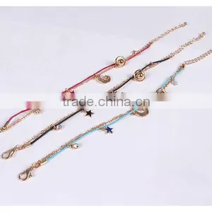 Star Moon Planet Tiny Rhinestone Charms Bracelet Double Layer Cotton Cord Gold Chain Bracelet thumbnail-4
