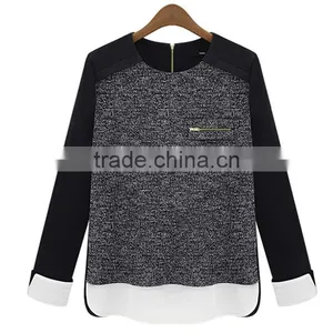 Autumn Fashion Simple Style Contrast Color Straight Fit Knitted Casual Wear Back Zipper Ladies Blouse Designs 2015 thumbnail-2