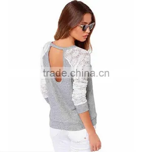 5 Size Choice Women Grey Fashion O Neck Backless Latest Lace Stitching Long Sleeve t Shirt Design thumbnail-4