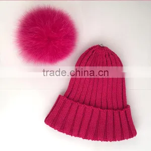 Myfur Hot Pink Rose Winter Wool Knit Hat With Fox Fur Pompom Attached thumbnail-3