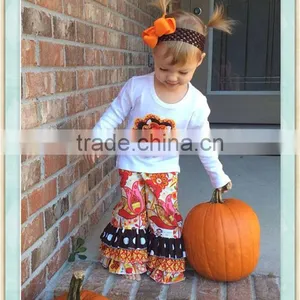Wholesale Boutique Baby Girl Thanksgiving Applique Turkey With Triple Ruffle Pants White Long Sleeve Shirt Clothing thumbnail-1