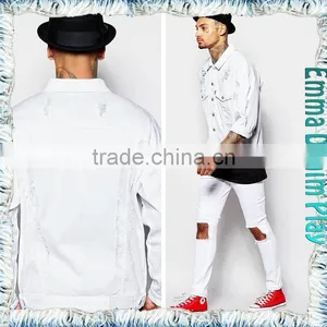 Street Design Soild White Denim Ripped Jackets for Mens thumbnail-3
