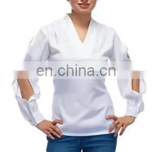 Blusas Femininas New Design Hot Summer Latest Stylish Sexy Sleeve Collar Neck Ivory Polyester Crepe Blouse Top For Ladies Women thumbnail-1