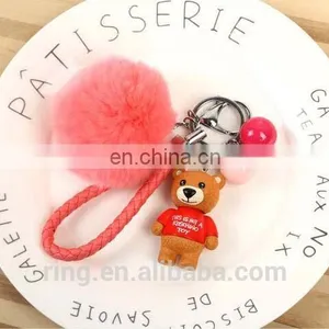 Rabbit Fur Ball WIth Bear Pendant Pom Pom Keychain With Leather Cord thumbnail-6