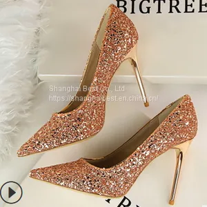 Women's Shoes High Heel Shallow Mouth Pointed Sparkle Sequin Show Thin Night Club High Heel Single Shoes thumbnail-1