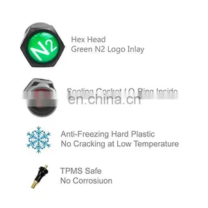 Black Plastic Tire Valve Stem Cap With Green N2 Nitrogen Logo, Screw-On, Hexagon Design, Insulated, Anti-corrosive thumbnail-4