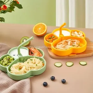 One-piece Baby Silicone Straw Bowl Tray Learning Eating Training Spoon Tableware Set thumbnail-1