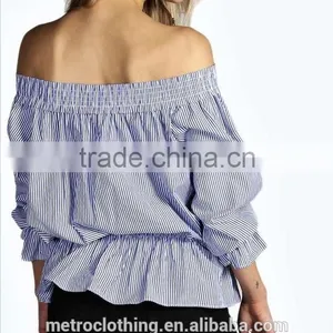 2015 China Manufacturer Customized Ladies the Latest Design Shoulder Striped Blouse thumbnail-3