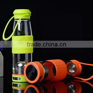 Haonai Promotional Borosilicate Sports Filter Water Glass Bottle With Silicon Sleeves thumbnail-2