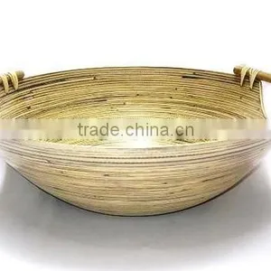 High Quality Best Selling Eco Friendly Spun Bamboo Fruit Round Large Bowl With Rattan Handle thumbnail-1