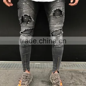 Hotsale High Quanlity New Style Jeans Pent Men Blue Distressed Leather Biker Jeans With Zipper for Men Wholesale China thumbnail-5