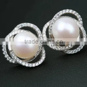 2016 Hot New Elegant Natural Pearl and Zirconia Stud Earrings in 925 Sterling Silver thumbnail-2