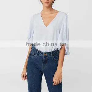 Batwing V Neck Bodysuit Women Casual Frill Sleeve Blouse Designs thumbnail-5