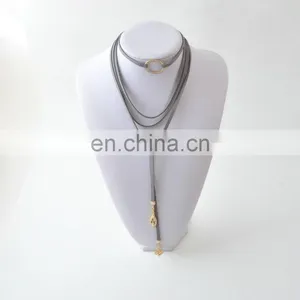 Layered Gray Knot Suede Wrap Necklace Gold Circle Pendant Bohemian Choker Necklace Jewelry thumbnail-3