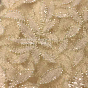 2017 Hot Selling Pearl Beaded Ivory Lace Fabric Lace Embroidered Wedding Bridal Fabric thumbnail-1