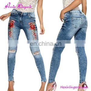 Latest Girls Light Blue High Waist Holes Embroidery Tight Jeans 2017 thumbnail-5