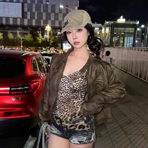 European and American Retro Style Hot Girl Sexy Leopard Print One-body Top Pure Desire Elastic Tight Inner Tight Bottom T-shirt thumbnail-3