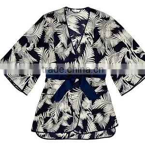 Cheap Custom Sexy Woman Short 100% Pure Printed Silk Charmeuse Night Sleeping Kimono Robe With Side Pockets thumbnail-1