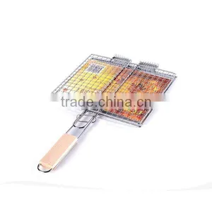 Stainless Steel Wooden Handle Barbecue Tool Fish Grilling Basket Burger Meat Grilled Folder Clip for Outdoor Picnic BBQ thumbnail-1