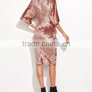 Womens Half Sleeve Crushed Velvet Wrap Dress Ladies V Neck Tunic Irregularity Velvet Knee Length Dress thumbnail-2
