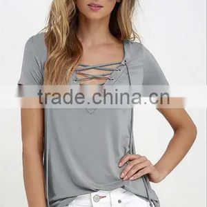 2017 Summer Europe and the United States V Collar Solid Color Tie Female T Shirt Shirt thumbnail-6