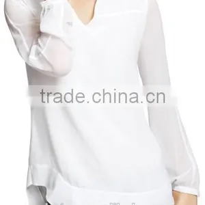 Extrem Slim Fit no Collar Chiffin Fancy White Blouse Casual thumbnail-1