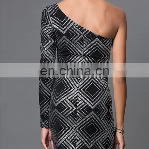 Wholesale One Sleeve Silver Glitter Print Dress Design Women Party Dresss thumbnail-3