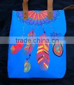 Hmong Indian Tote Neon Blue Canvas Bag Feather Pattern thumbnail-1