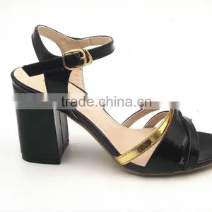 Color Matching Thick Heel Italian Leather Middle Heel Sandals Ladies Gold With Black thumbnail-1