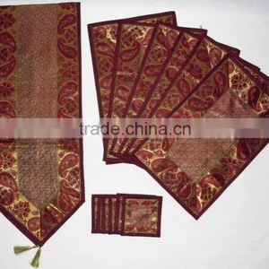 Indian Silk Table Runner With 6 Place Mats & 6 Coaster in Maroon Color Size 16*62 thumbnail-1