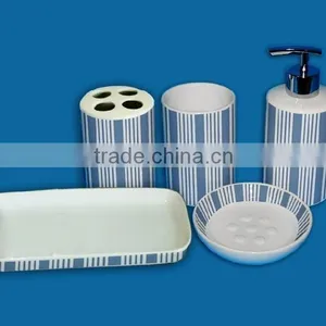 Simple Sky Blue Stripe Porcelain Basin Counter Set Lotion Bottle Soap Dish Toothbrush Holder Tumbler thumbnail-1