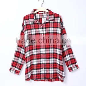 Women Fashion Long Sleeve Red Plaid Shirt thumbnail-1