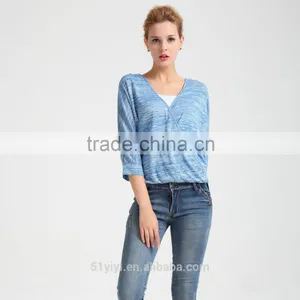 Women Cross Front Slub Jersey Knit Blouse With Heather Look thumbnail-1