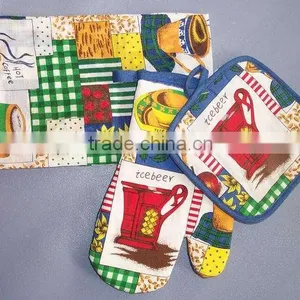3 Pcs Silk Screen Print Cotton Kitchen Apron Set Print Cotton Pot Holder Oven Mitten Set thumbnail-1