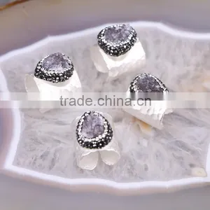 Nature Agate Quartz Rings, Metal Silver Plated Wide Band Crystal Zircon Paved Agate Druzy Ring Jewelry thumbnail-1