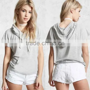 80 Cotton 20 Polyester Cheap Hoodies Women Short Raglan Sleeves Brushed Knit Short Sleeve Thin Hoodies For Summer thumbnail-1