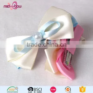 Fancy Design Girls Pink Ribbon Bow Hairgrips Alligator Hair Clip With Bead thumbnail-6