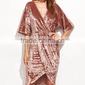 Womens Half Sleeve Crushed Velvet Wrap Dress Ladies V Neck Tunic Irregularity Velvet Knee Length Dress thumbnail-1
