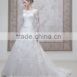 White Satin A-line Long Sleeve Lace Wedding Dress 2016 thumbnail-1