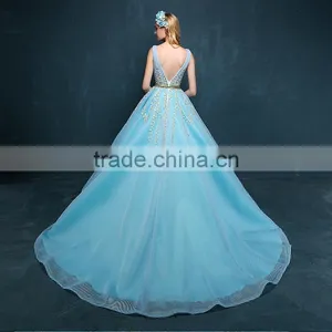 MGOO New Coming Popular Pageant Dress For Women Sky Blue Sheer V Neck Embroidery Floral Dress Evening Long 2260 thumbnail-2