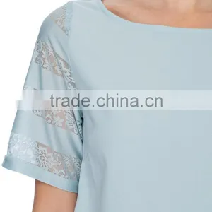 Lace Sleeve Woven Womens Tee Shirts thumbnail-3