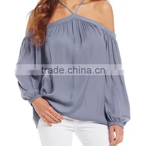 2017 Summer New Look Pullover Construction Sleeve Opening Cold Shoulder Blouse thumbnail-4