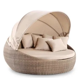 Oval All-Weather Wicker Outdoor Daybed With Retractable Sun Canopy, Rattan Round Lounge Sofa With Cushions for Poolside, Garden & Villa Terrace thumbnail-1