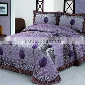 3 Pcs Gorgeous Jaquard Flower Quilt Bed Set In Rose Color or Purple Color thumbnail-2