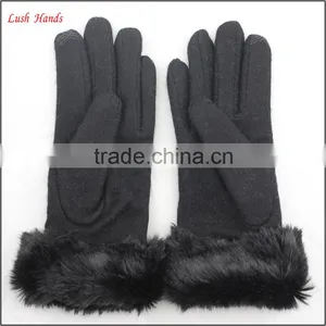 Women Woolen Cheap Hand Gloves Winter Dress Gloves With Black Fake Fur thumbnail-5