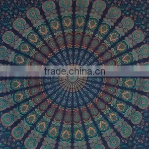Bohemian Block Printed Bed Sheet /Bed Spread Hippie Mandala Indian Tapestry, Blue Cotton Mandala Bed Cover thumbnail-2