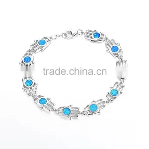 925 Sterling Silver Blue Opal Hamsa Hand Shape Bracelet SBI160W thumbnail-2